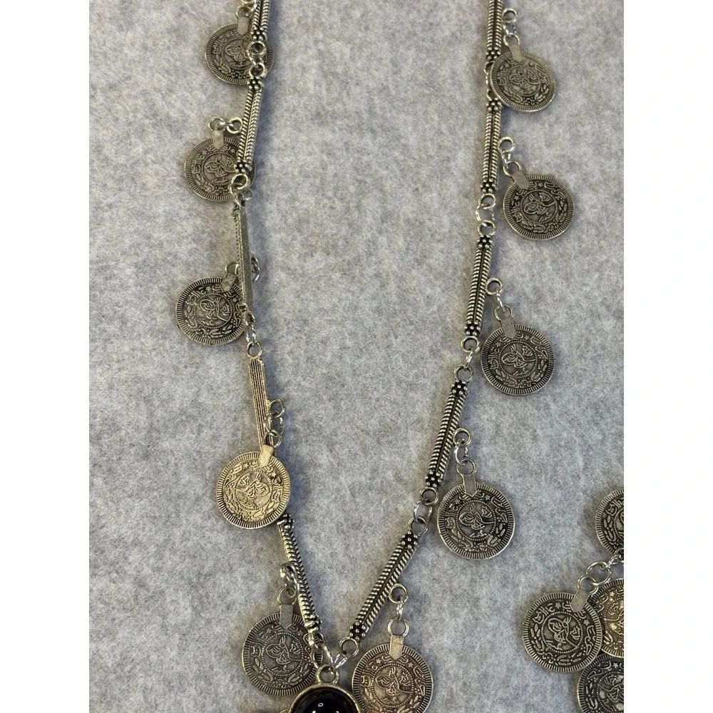 Vtg Boho Silver Coin Tassel Statement Necklace Bracelet Gypsy Festival Jewelry